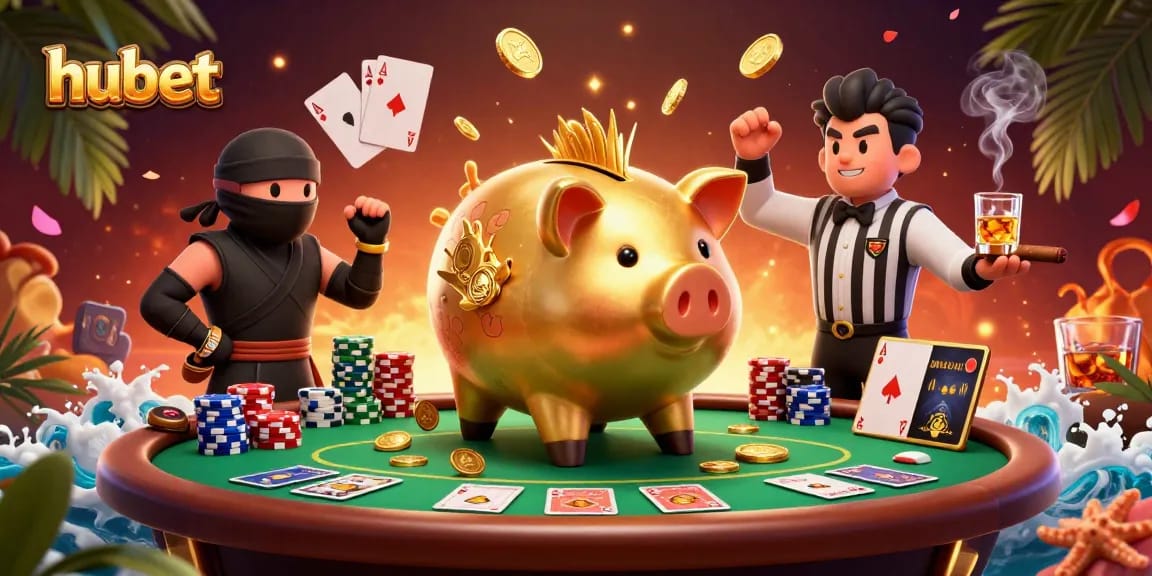 Experience thrilling gameplay with hubet featuring a lively casino scene of characters and poker elements.