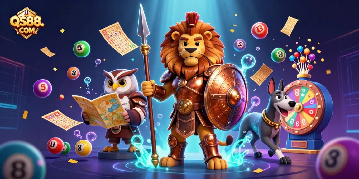 Experience the excitement of QS88. COM with a vibrant 3D illustration featuring a Spartan lion and lucky lottery elements.