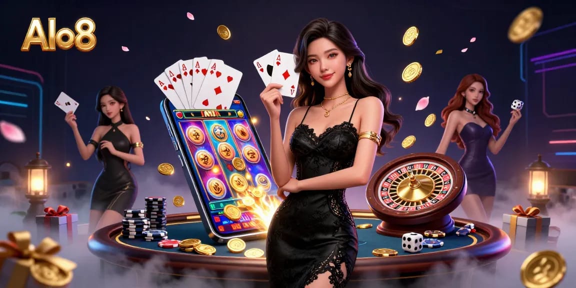 Alo8 engaging scene featuring an elegant Asian woman holding playing cards in a vibrant casino atmosphere.