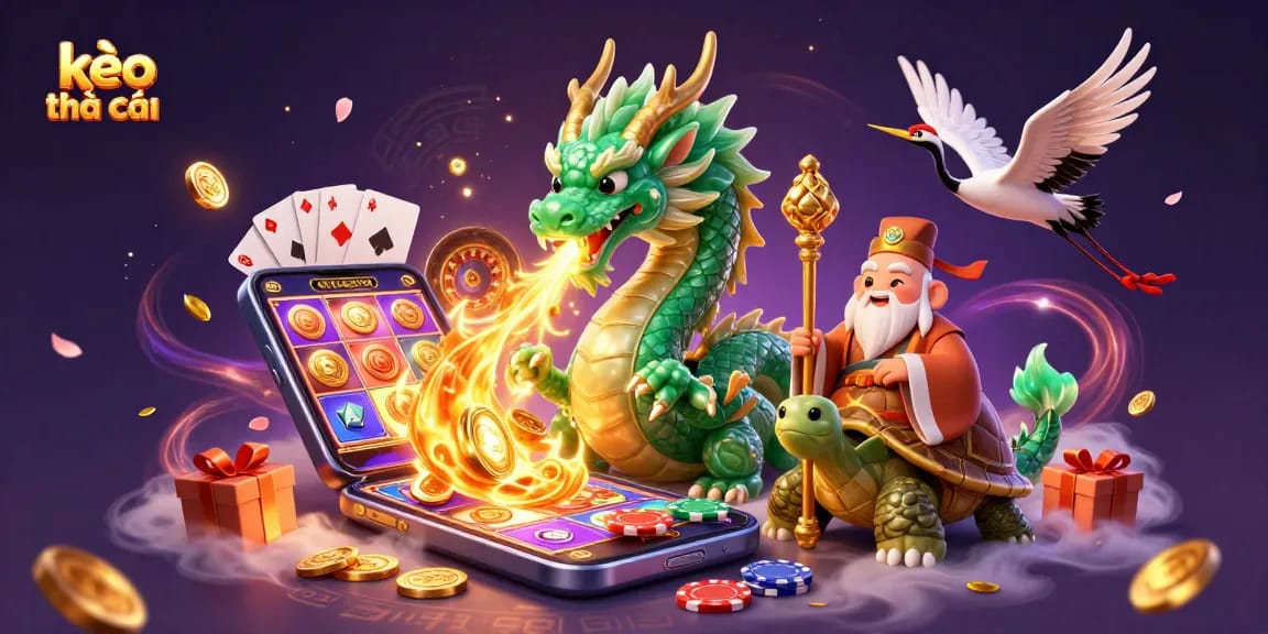Engaging kèo nhà cái scene with a mystical jade dragon, turtle sage, and dynamic gaming elements.