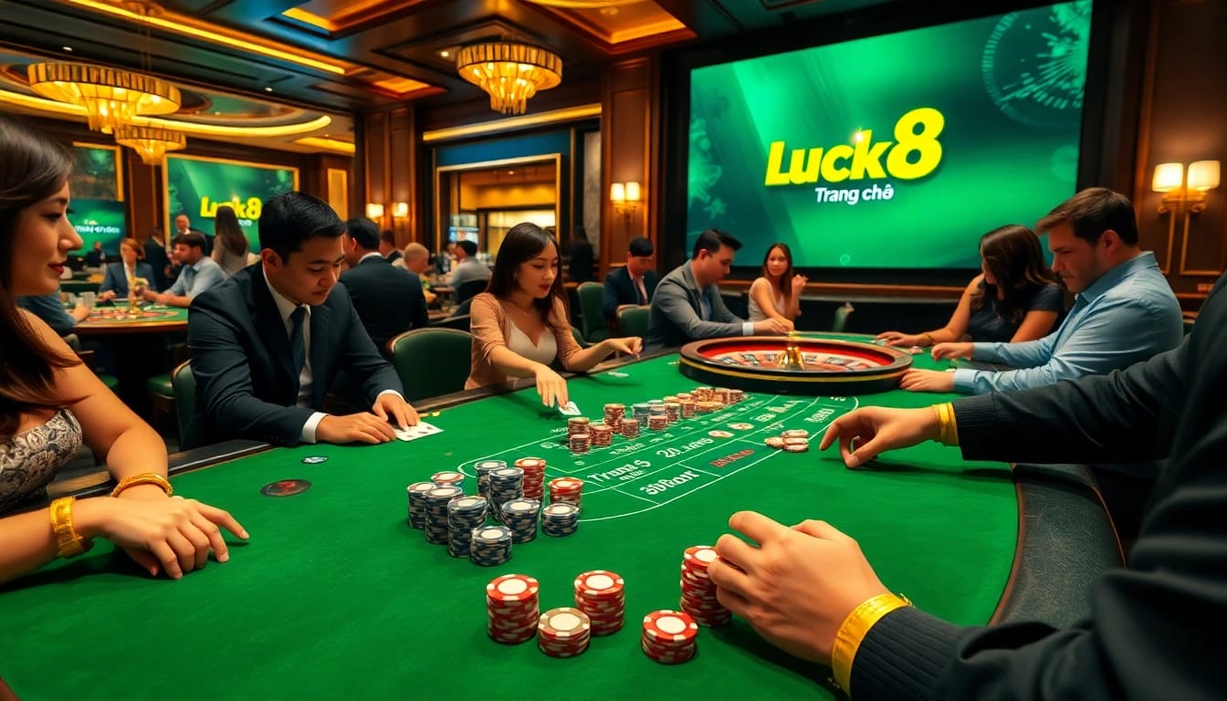 Engaging scene at Trang chủ Luck8 with players enjoying blackjack and roulette in a luxurious casino.