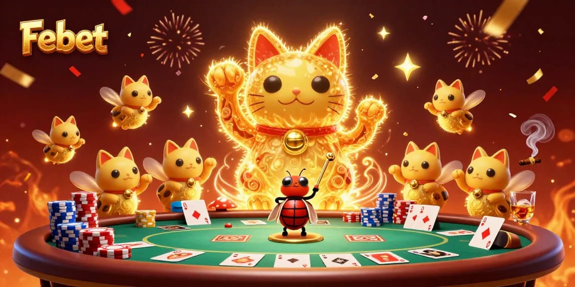 Experience the excitement of Febet's casino with a dynamic illustration of lucky symbols and a conductor beetle.