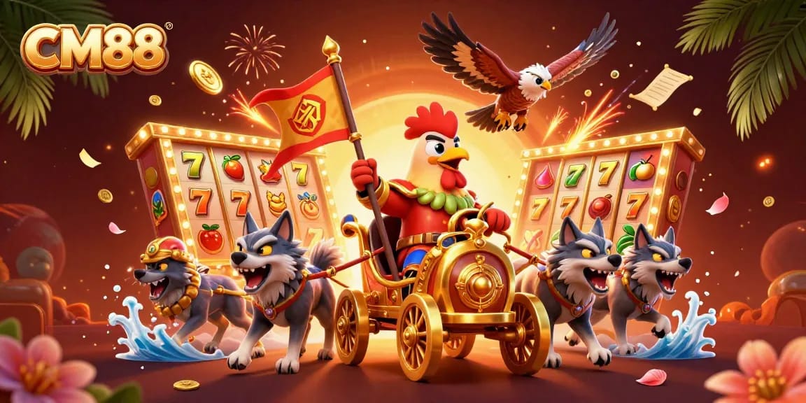 Engage with CM88's thrilling slot games featuring a warlord in a dynamic, festive 3D scene.