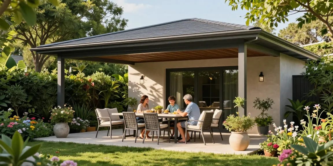 Terrassenüberdachung freistehend bietet Schutz und Stil in einem einladenden Garten.