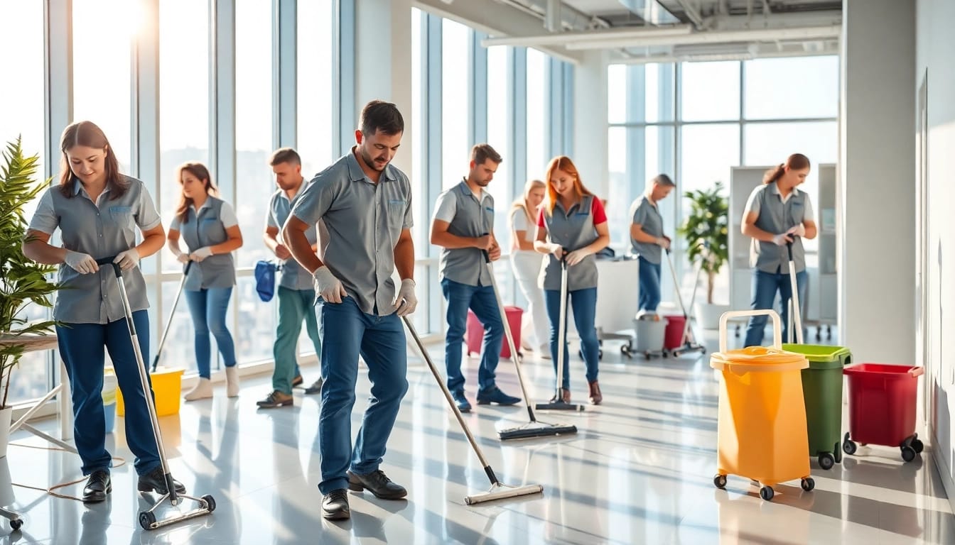 Effektive grundreinigung berlin durch ein Reinigungsteam in einem modernen Büro.