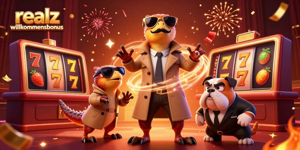 Das realz casino Willkommensbonus Angebot zeigt stilisierte Charaktere im Casino mit bunten Spielautomaten.
