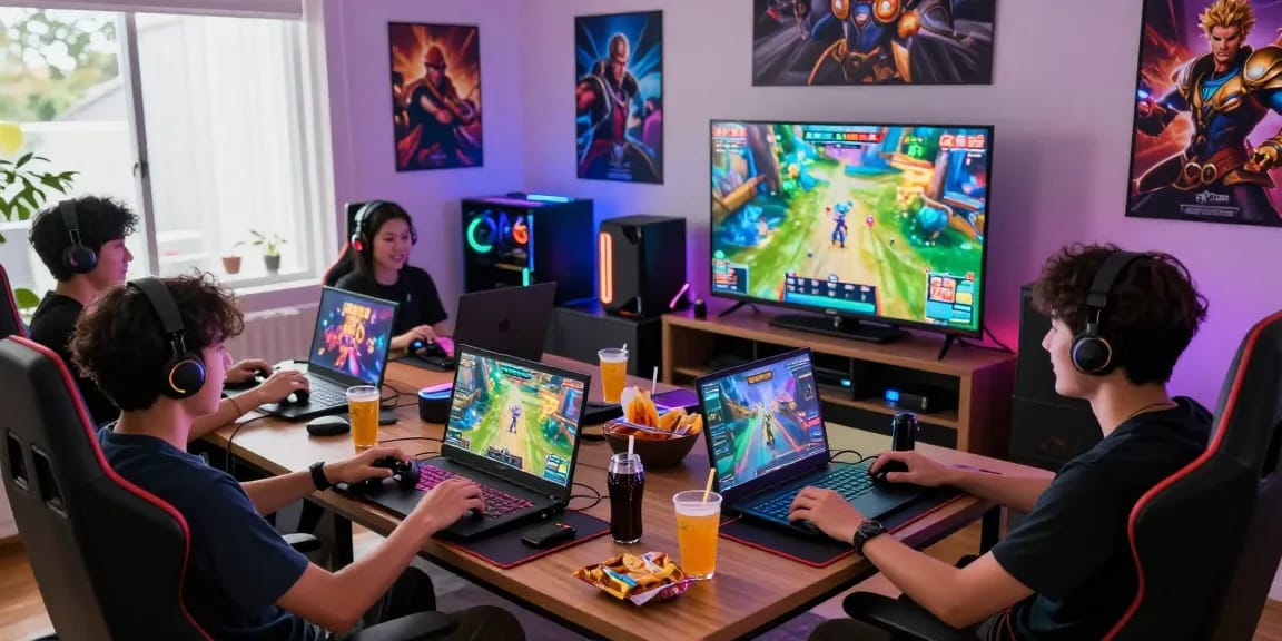 Exciting gaming scene with players engaged in สล็อตเว็บตรง games, showcasing a vibrant atmosphere with consoles and snacks.