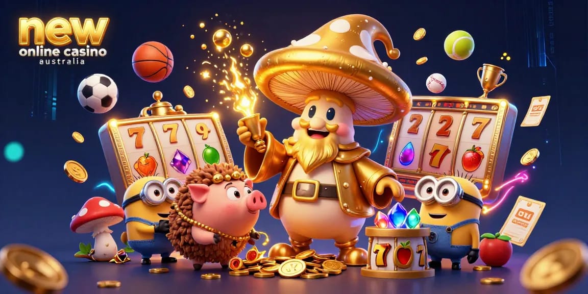 Experience an energetic scene celebrating the new online casino australia with gaming characters and elements showcasing rich casino culture.