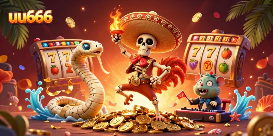 uu666 celebrates winnings with a skeleton mariachi and jackpot-themed elements in this vibrant casino scene.