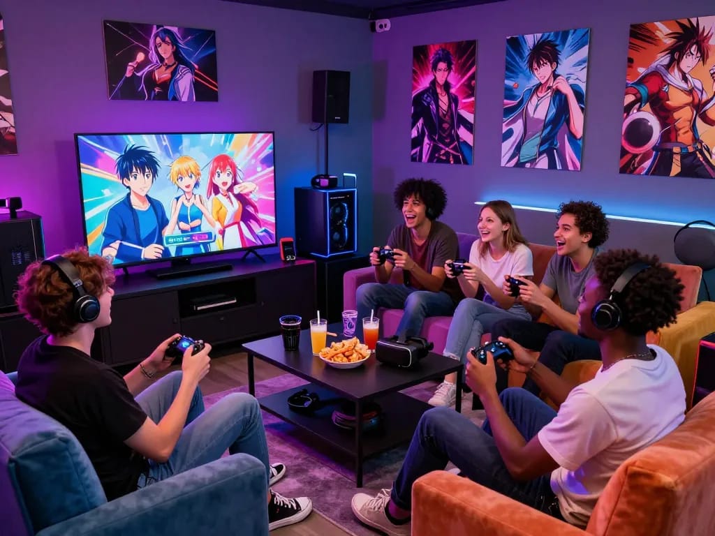 Play porn games with friends in a lively gaming lounge atmosphere filled with adult visual novels and laughter.