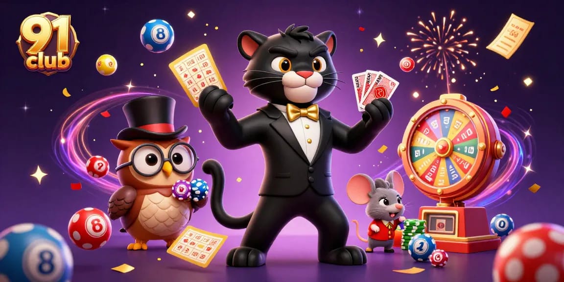Engage with 91 club through an exciting casino-themed illustration showcasing vibrant gaming elements and characters.