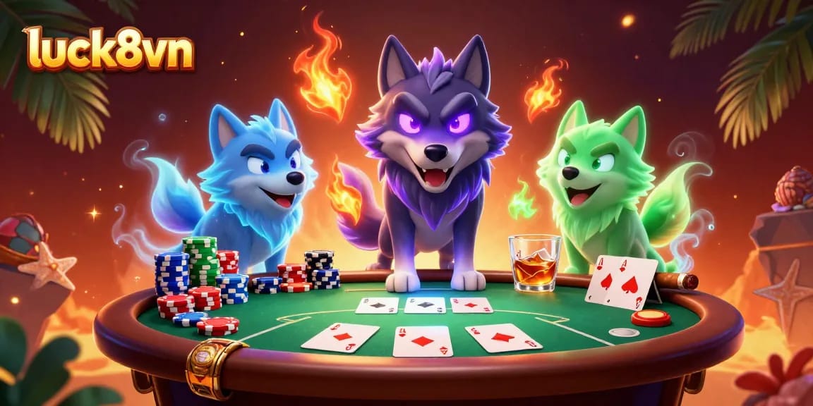 Experience thrilling gambling action with luck8vn's dynamic poker scene featuring spectral wolves.