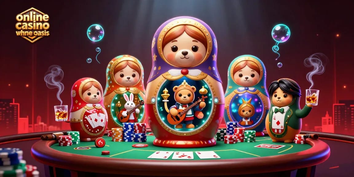 Experience the thrill of playing at an online casino ohne oasis, surrounded by playful characters and vibrant casino elements.