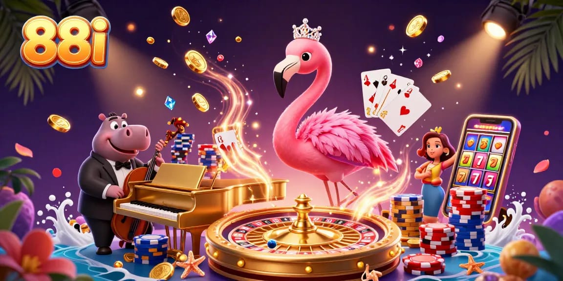 88i animated scene featuring a flamingo singer and hippo bassist amidst dynamic casino elements.