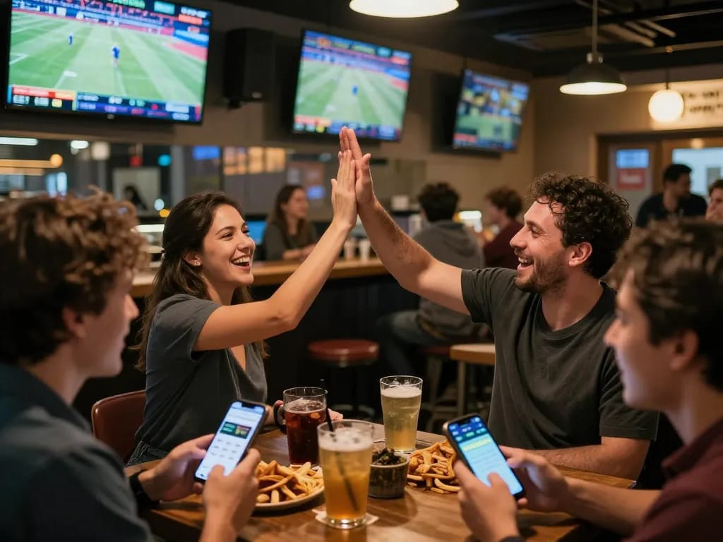Sports betting enthusiasts enjoying live games and placing bets on keobongda100 app, showcasing excitement in a lively environment.
