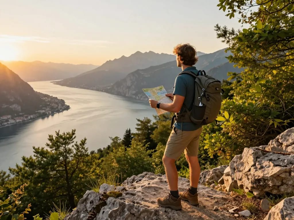 Gardasee Reisetipps: Reisender genießt die malerische Aussicht am Gardasee zur goldenen Stunde.