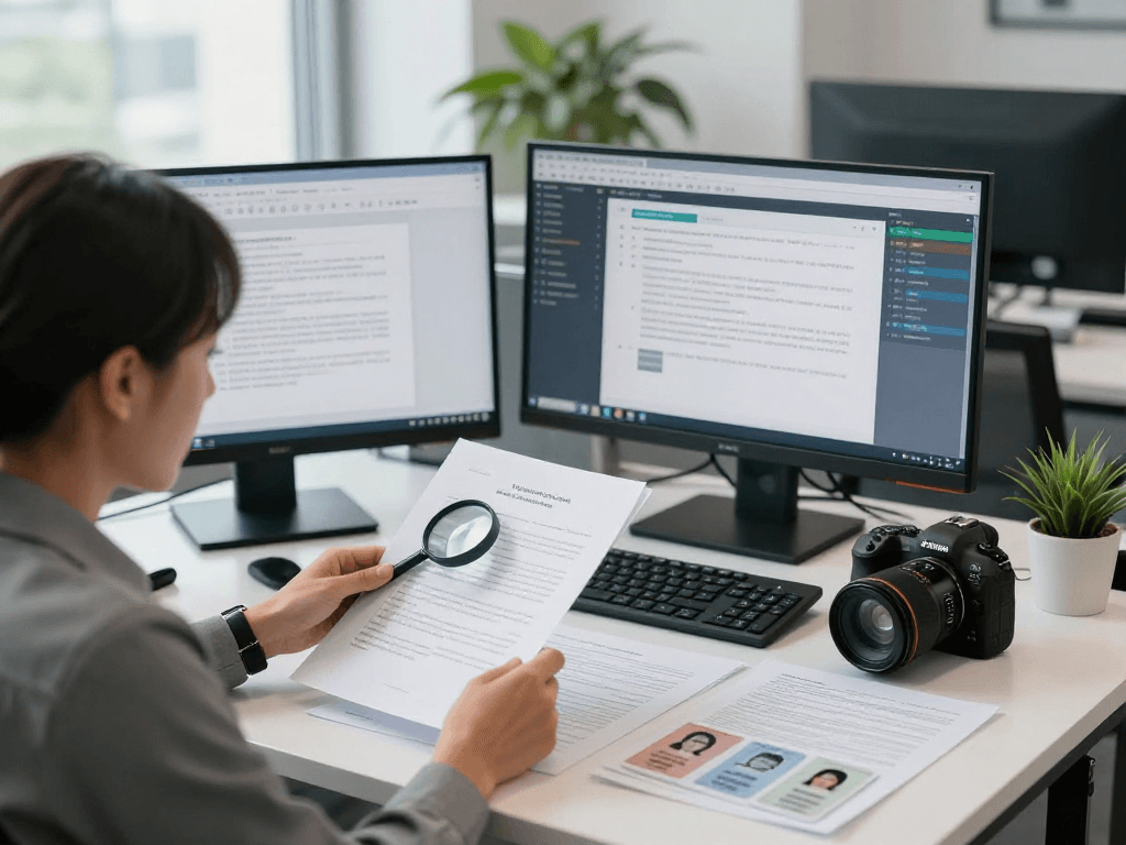Compliance analyst conducting document fraud detection review in a high-tech workspace.