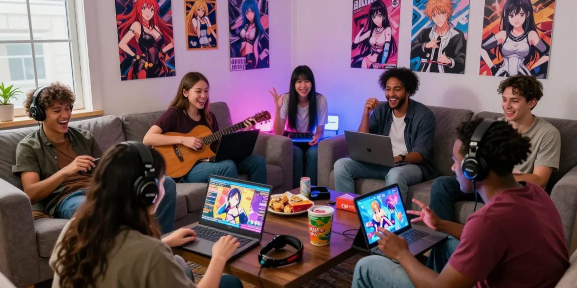 Group enjoying ecchi games together in a vibrant living room, showcasing gaming devices and lively atmosphere.