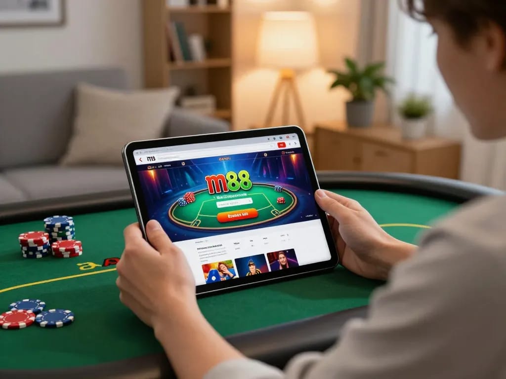 Access the m88 login for online poker gaming, featuring a cozy living room setup with vibrant game graphics.