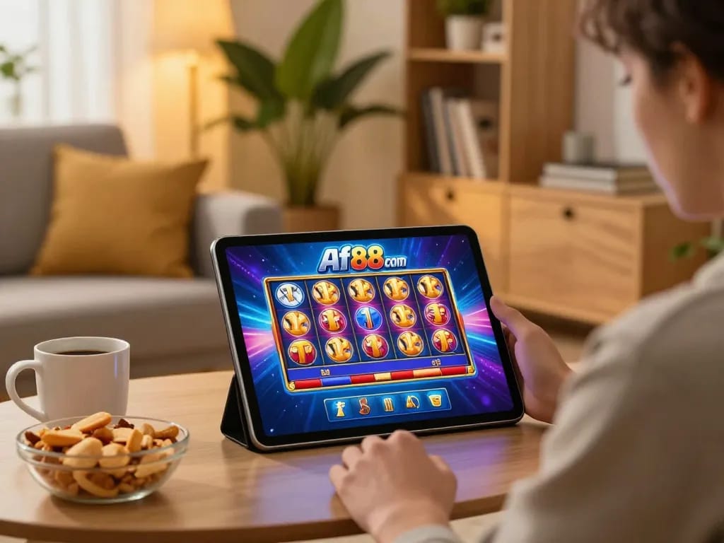 Engaged user exploring Af88 com slots on tablet in a cozy home setting.