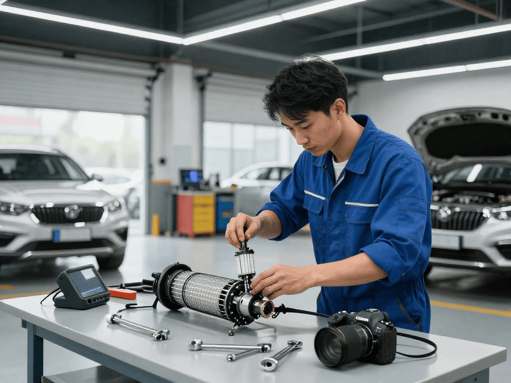 Mechaniker reinigt den DPF in einer modernen Werkstatt mit professionellen Werkzeugen.