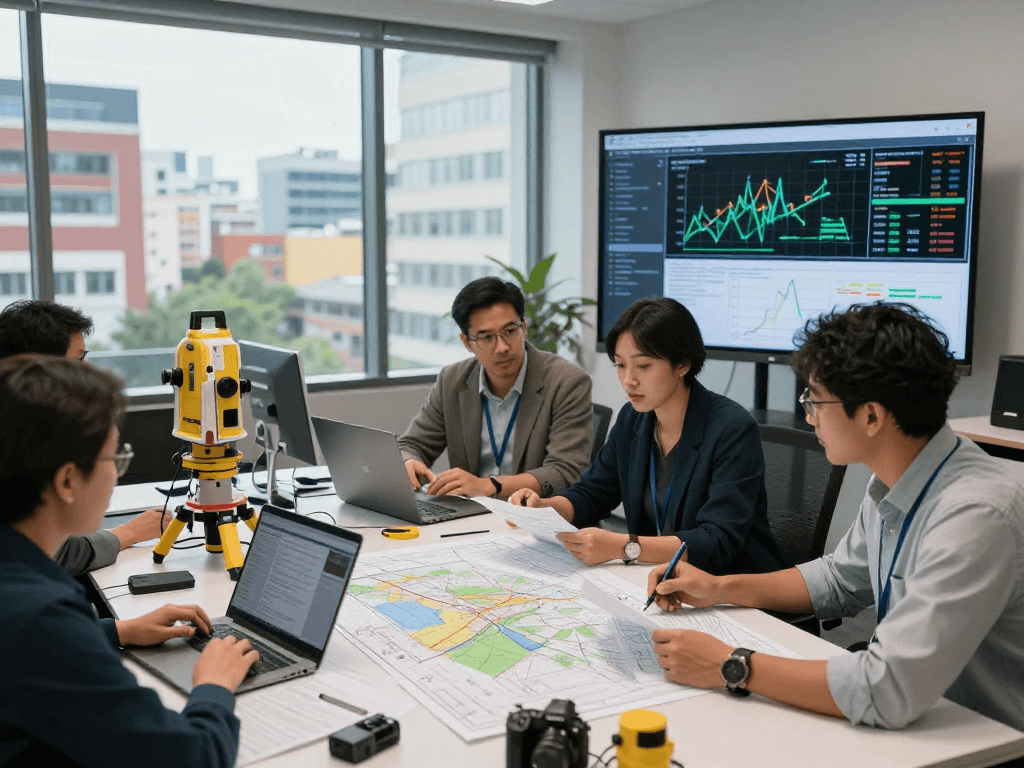Vermessungsbüros und ÖbVI-Teamarbeiten an technischen Dokumenten in modernem Büro.