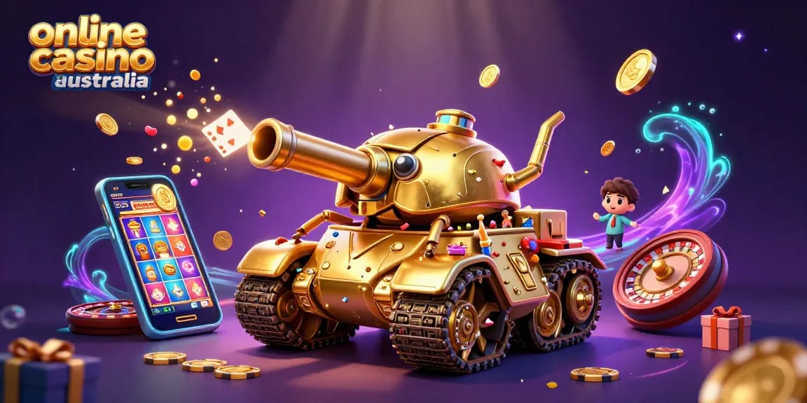 Experience the excitement of an online casino australia adventure with a vibrant 3D illustration showcasing games and fun.