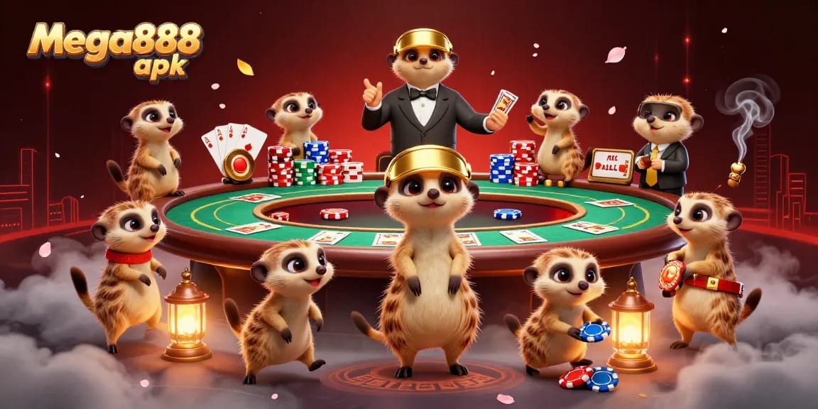Experience the excitement of mega888 apk with animated meerkats in a vibrant casino scene.