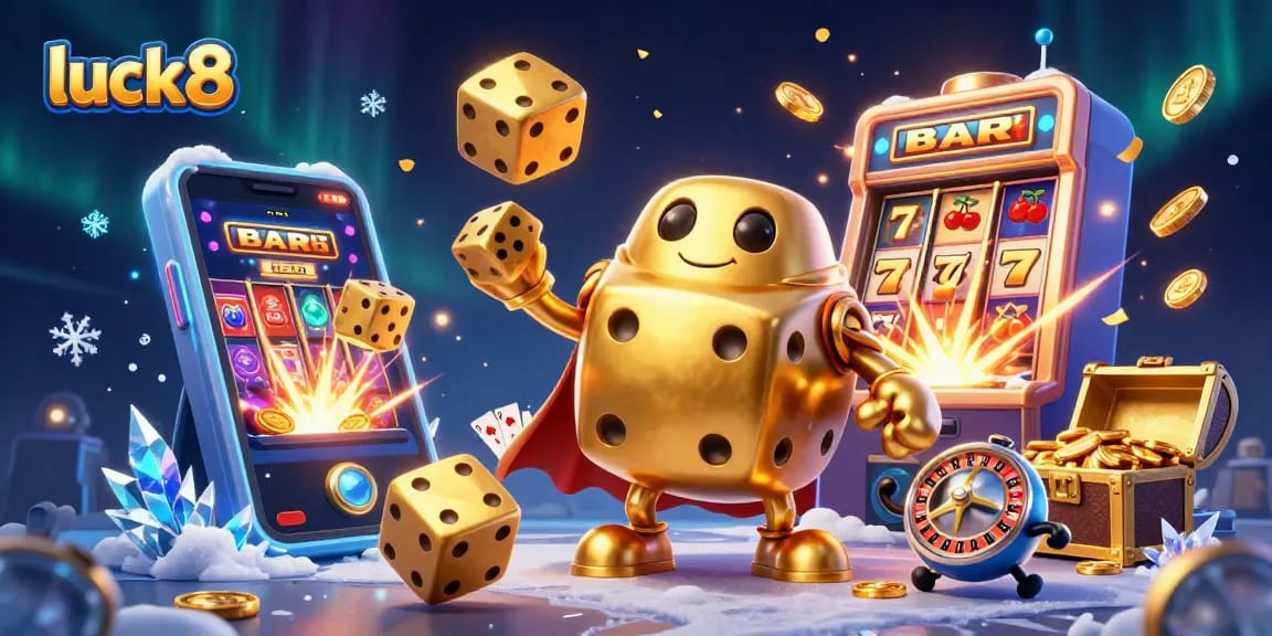 Luck8 players engage with a vibrant golden dice golem and jackpot elements in dynamic gambling action.