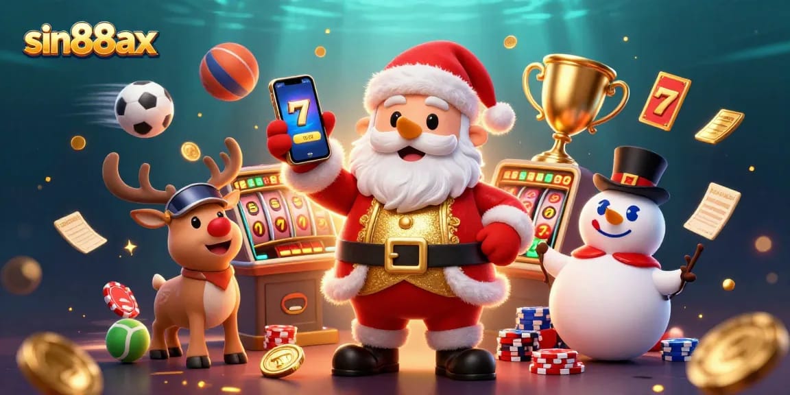 Spin to win jackpots at sin88ax with Santa and friends in a vibrant casino scene.