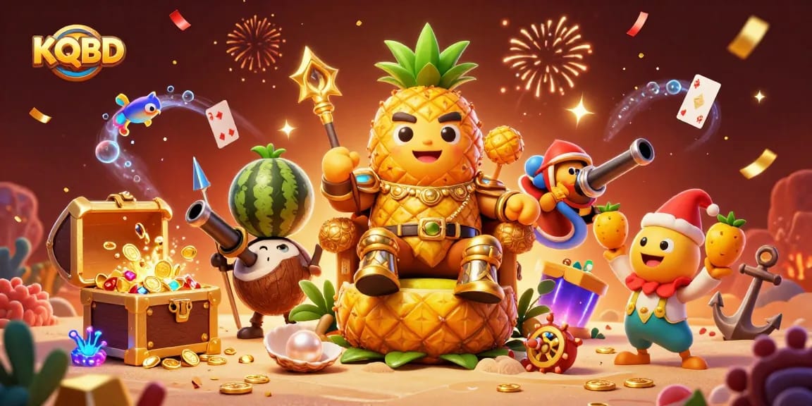 Engage in KQBD with vibrant 3D casino scene featuring a golden pineapple king and dynamic gameplay elements.