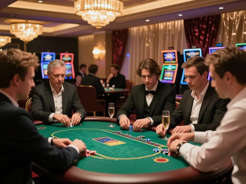 GG88 players strategizing during high-stakes poker in a luxury casino setting.