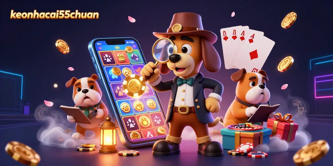 Experience the excitement of keonhacai55chuan with a detective examining clues against a rich casino backdrop.