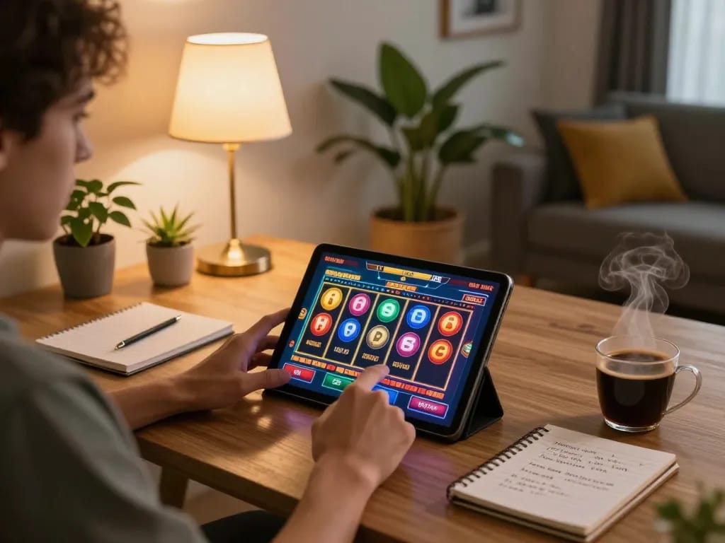Person engaged in online gaming at home using the O8 platform, showcasing a colorful slots interface and strategy notes.