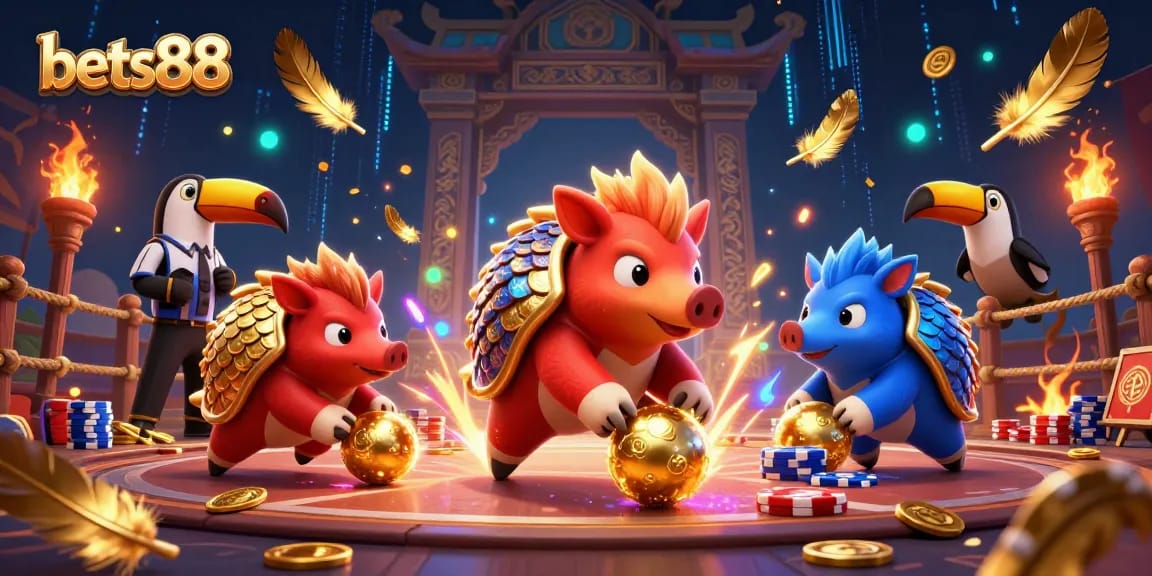 Experience thrilling bets88 action with rival pangolins and vibrant casino elements in this 3D scene