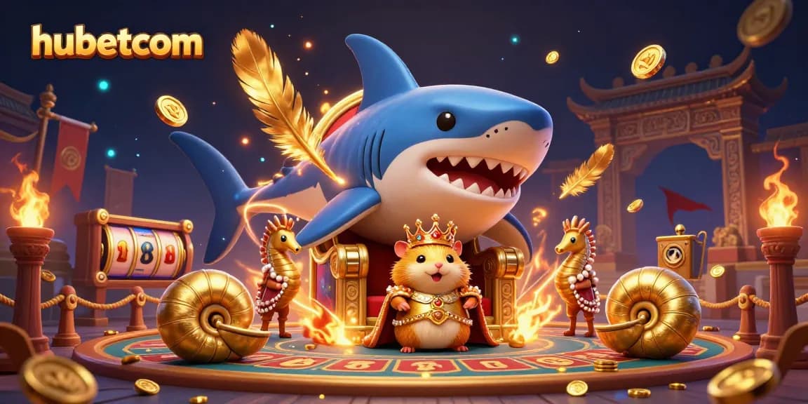 Experience the thrilling action at hubetcom with vibrant casino elements featuring a golden hamster king and rich gambling symbols.