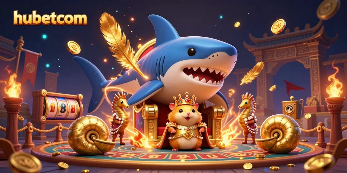 Experience the thrilling action at hubetcom with vibrant casino elements featuring a golden hamster king and rich gambling symbols.