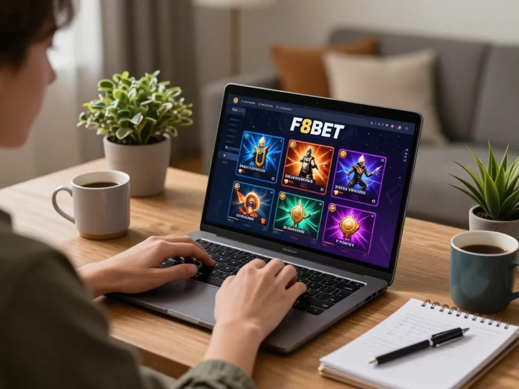 Engaging F8BET online gaming experience in a cozy home environment with strategy notes and warm lighting