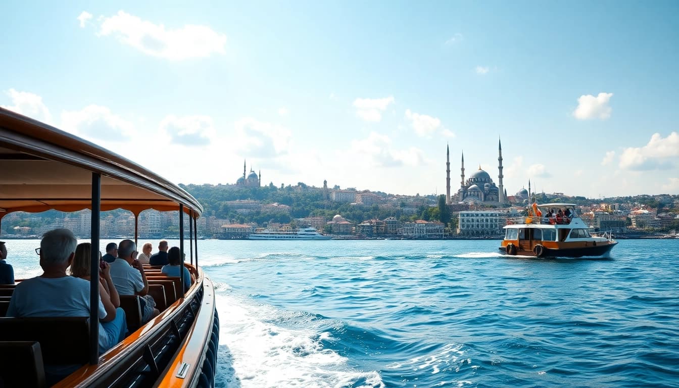 Bosphorus daytime cruise with tourists enjoying the scenic view of Istanbul landmarks.