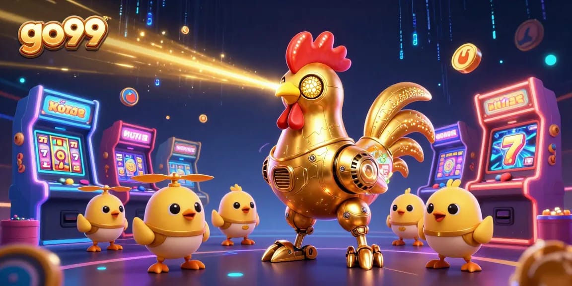 Experience thrilling gaming action at go99 with colorful slot machines in a vibrant 3D illustration.