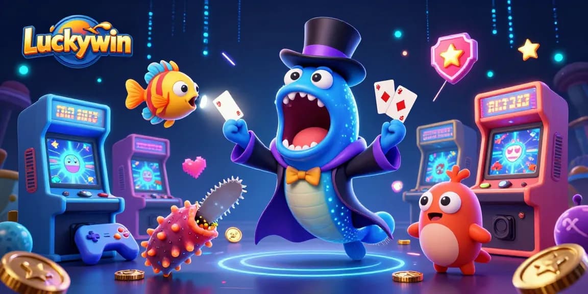 Experience Luckywin's thrilling gambling world with our dynamic 3D illustration of fun casino game characters.