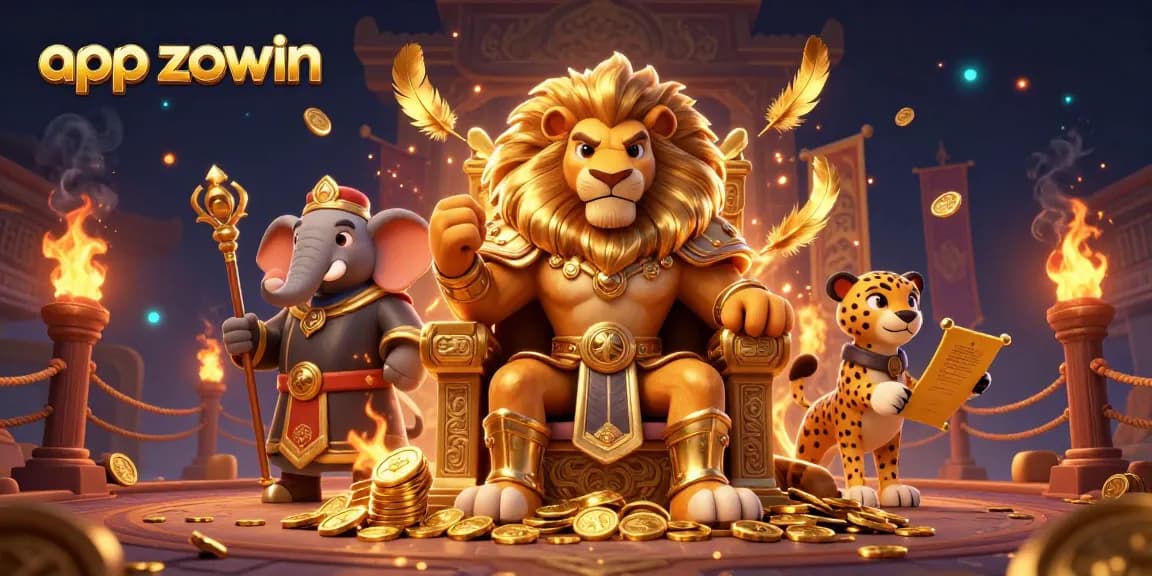 Engage with exciting games in app zowin, featuring a vibrant casino scene with a lion king and friends.