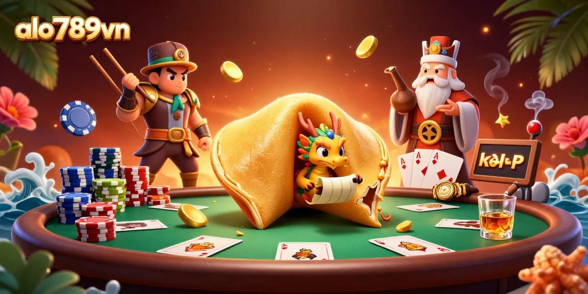 Bet on thrilling moments with alo789vn's giant fortune cookie scene, showcasing a wise dragon and vibrant poker elements.