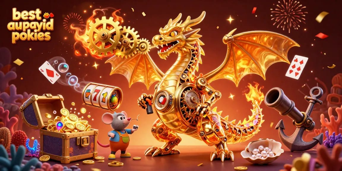 Spin the best au payid pokies while uncovering treasures and vibrant casino elements in this 3D illustration.