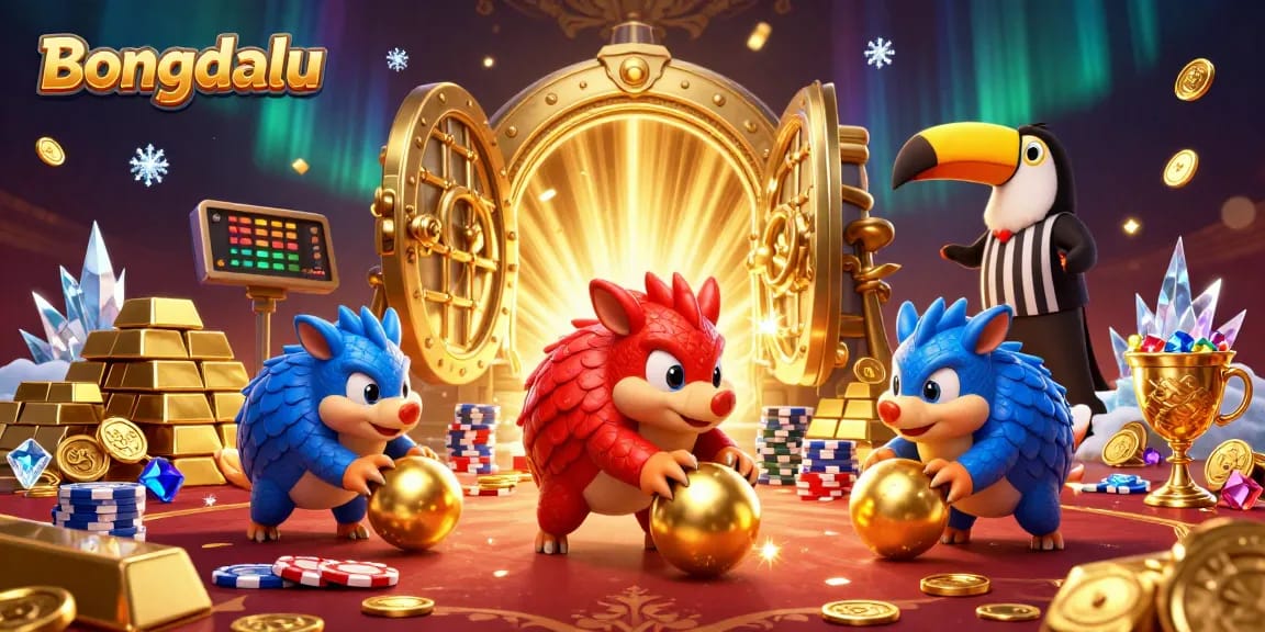 Bongdalu pangolins roll through golden poker chips in a vibrant casino-themed scene.