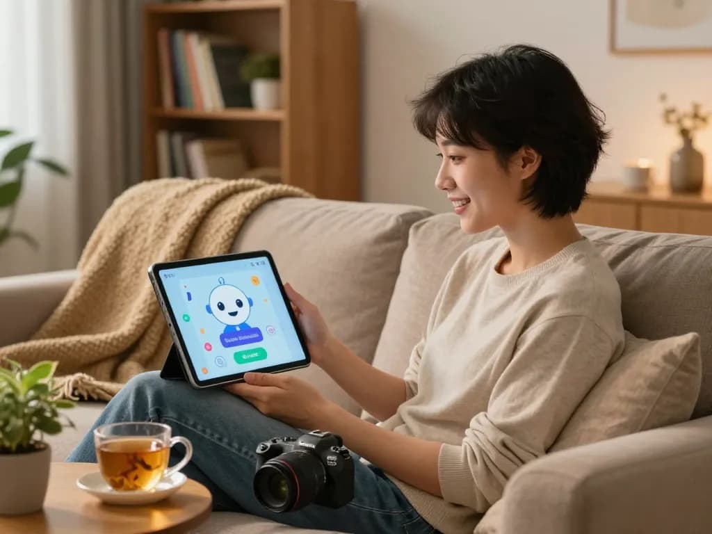 Interactive user enjoying ai sex chat on a tablet in a cozy living room setting, showcasing digital companionship.