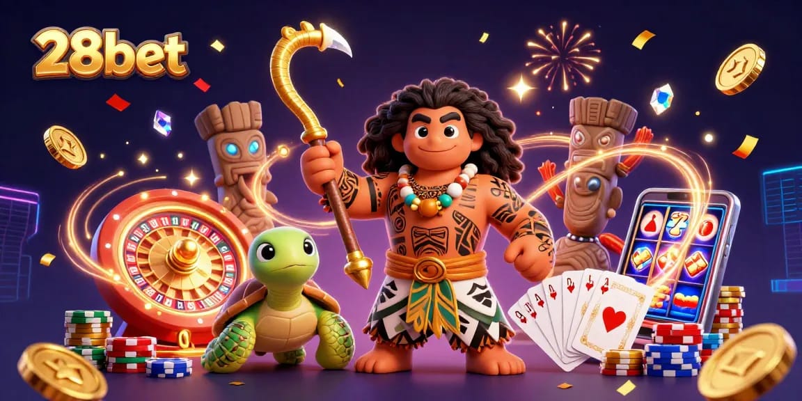 Engage in 28bet gaming with vibrant visuals of a demigod hawk, coins, and casino elements.
