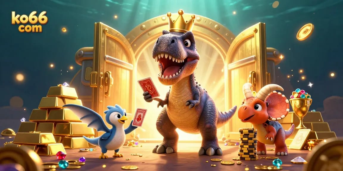 Engage in the vibrant world of ko66 com, where a T-Rex plays cards amidst treasures and excitement.