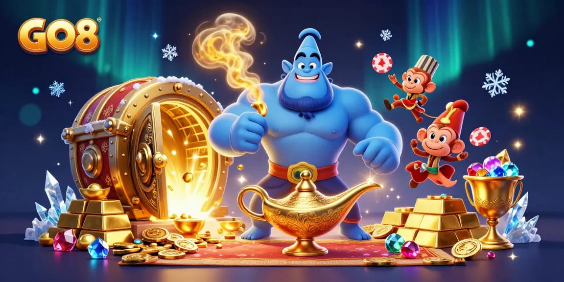Experience thrilling gameplay at GO8 with a dynamic casino illustration filled with excitement and riches.