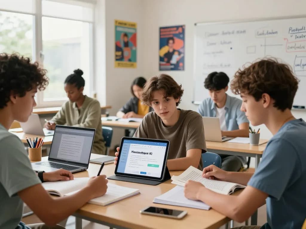 Schüler, die Hausaufgaben KI in einer kollaborativen Lernumgebung verwenden, um die Hausmethoden zu verbessern.